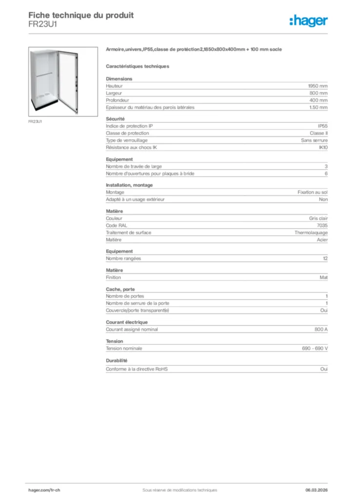 Image Hager Fiche technique du produit FR23U1 | Hager Suisse