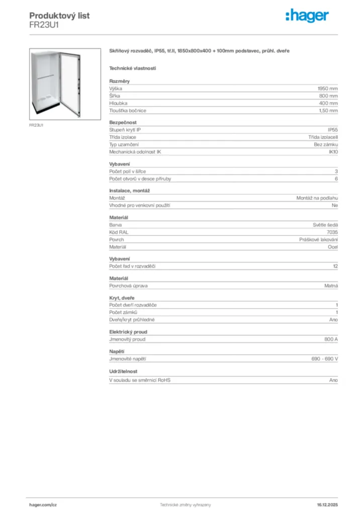 Obrázek Hager Produktový list FR23U1 | Hager