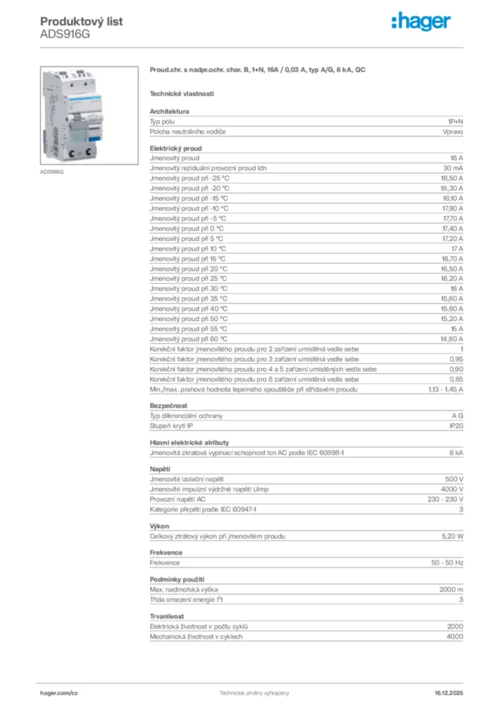 Obrázek Hager Produktový list ADS916G | Hager