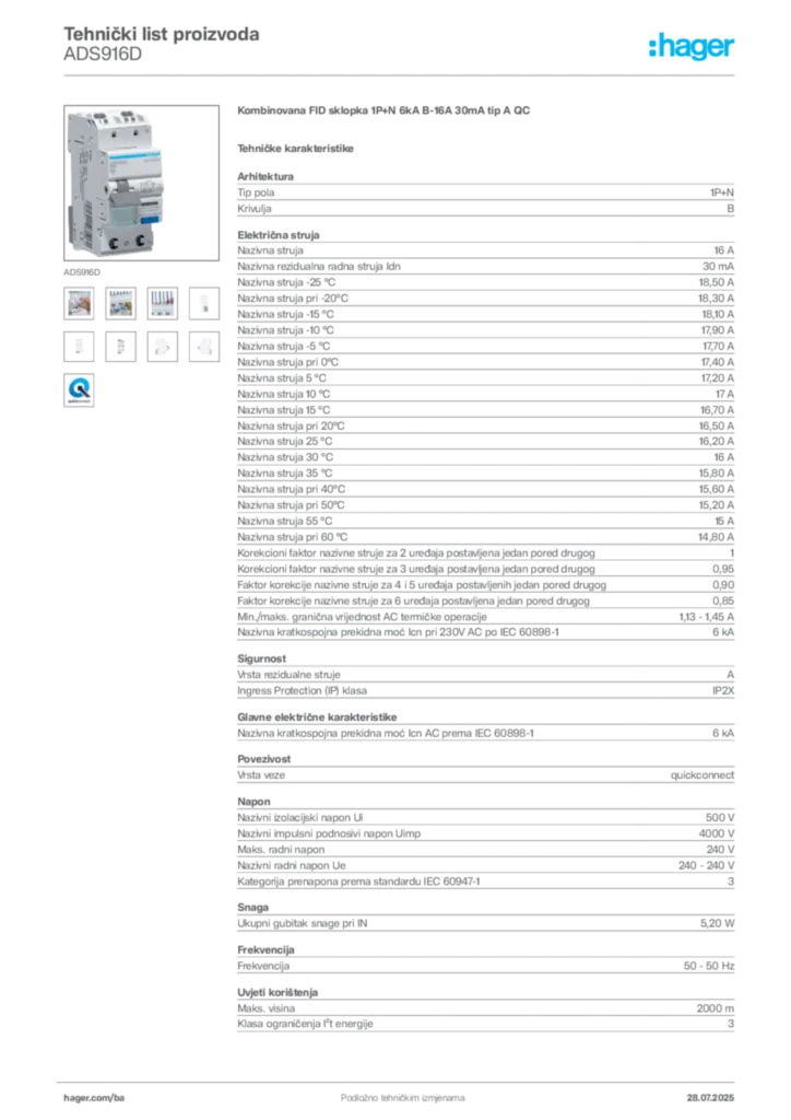 Slika Hager Product data sheet ADS916D  | Hager