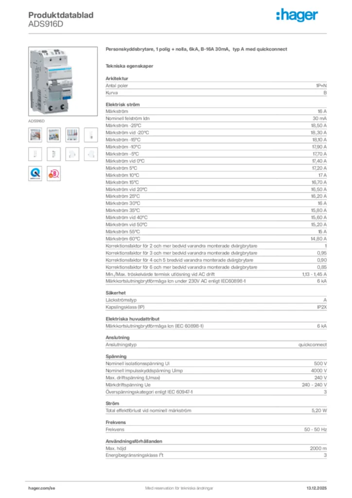 Bild Hager Produktdatablad ADS916D | Hager Sverige