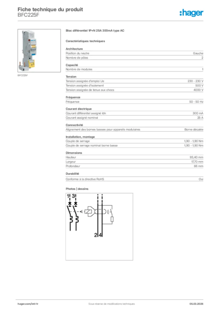 Image Hager Fiche technique du produit BFC225F | Hager Afrique