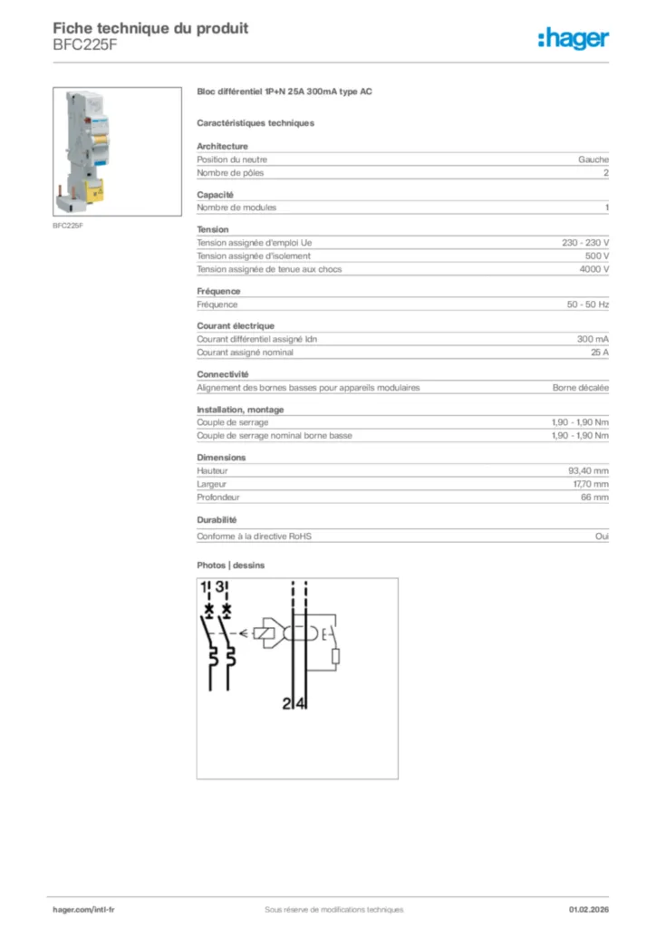 Image Hager Fiche technique du produit BFC225F | Hager Afrique