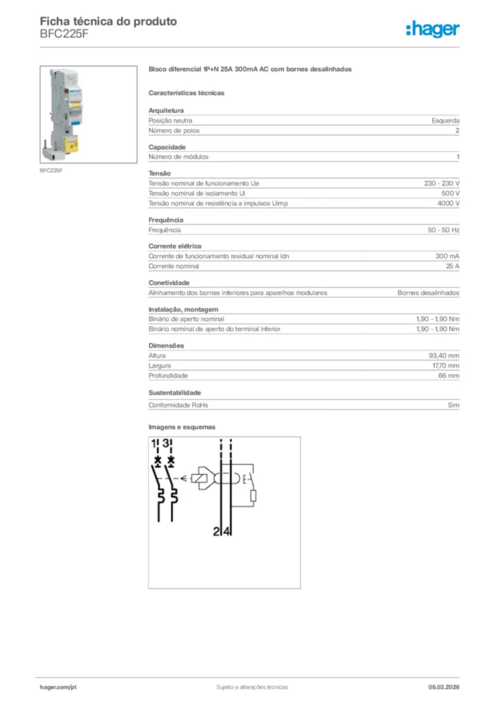 Imagem Hager Ficha técnica do produto BFC225F | Hager Portugal