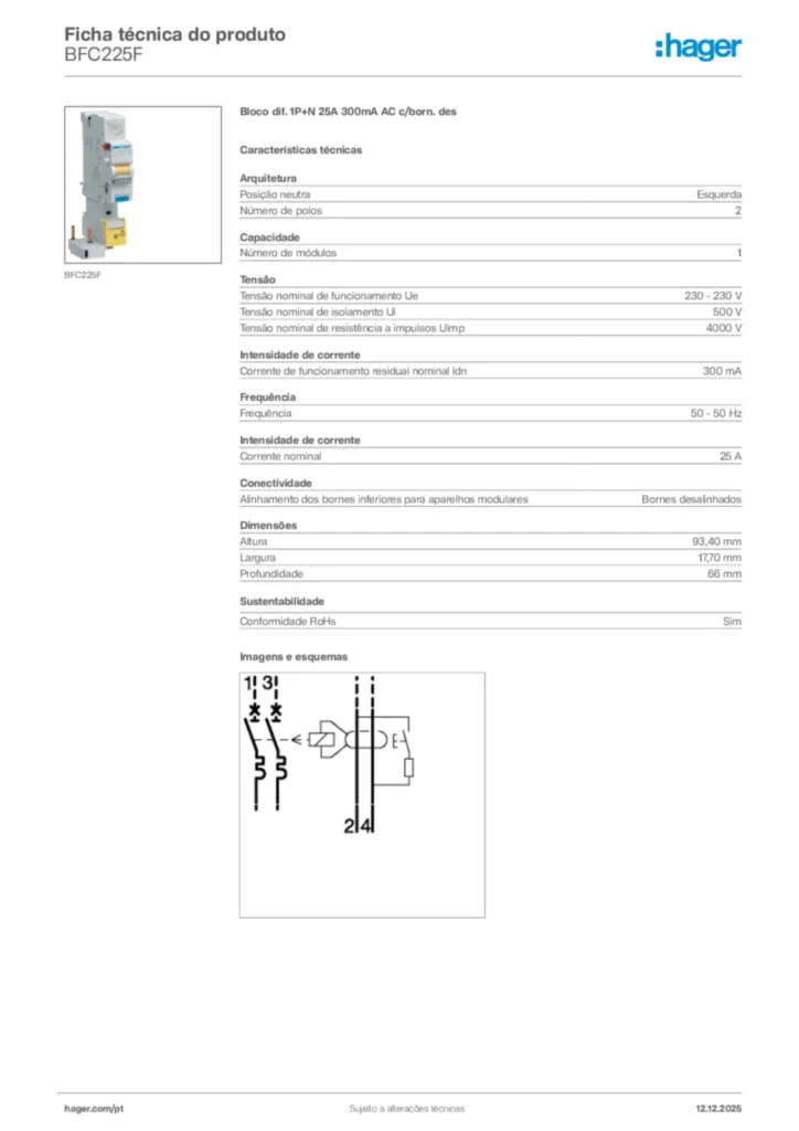 Imagem Hager Ficha técnica do produto BFC225F | Hager Portugal
