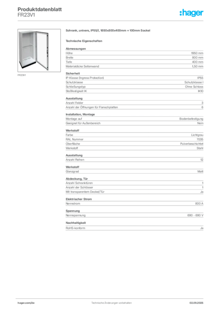 Hager Produktdatenblatt FR23V1