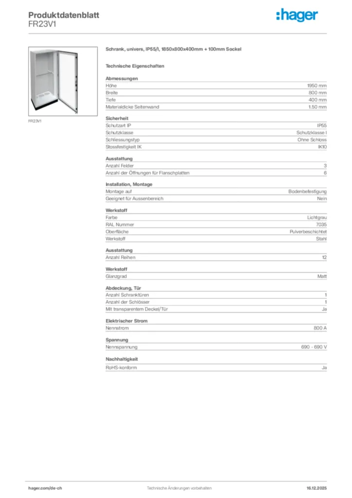 Bild Hager Produktdatenblatt FR23V1 | Hager Schweiz