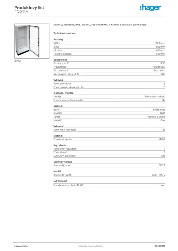 Obrázek Hager Produktový list FR23V1 | Hager