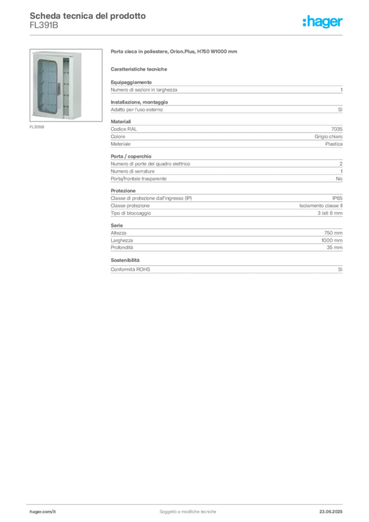 Immagine Hager Scheda tecnica del prodotto FL391B | Hager Italia