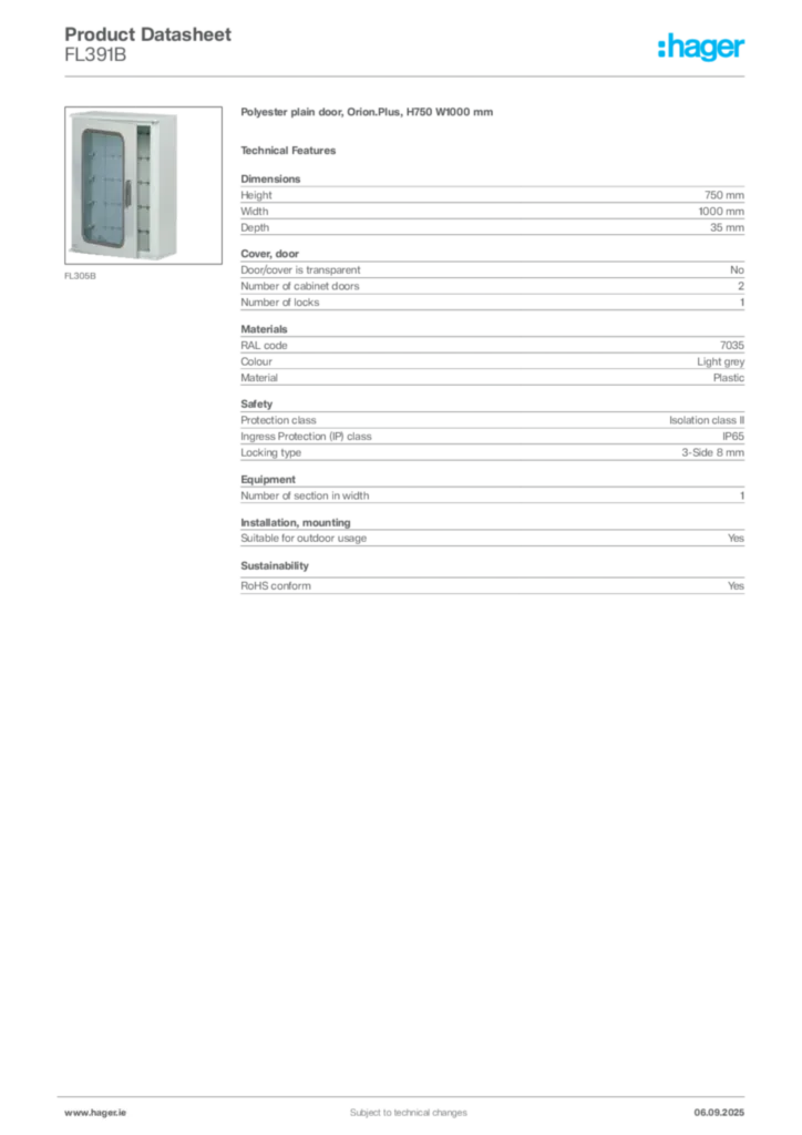 Image Hager Product data sheet FL391B  | Hager