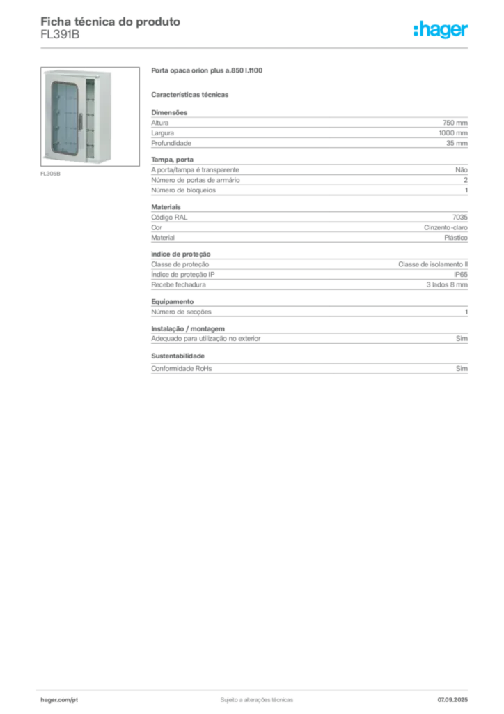 Imagem Hager Ficha técnica do produto FL391B | Hager Portugal