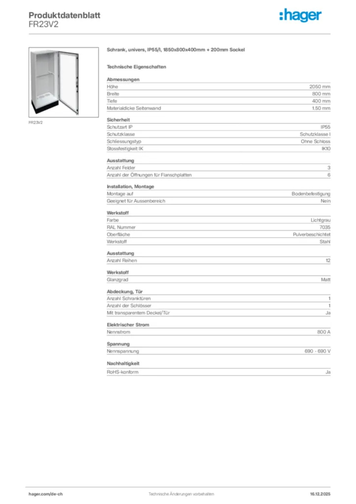 Bild Hager Produktdatenblatt FR23V2 | Hager Schweiz