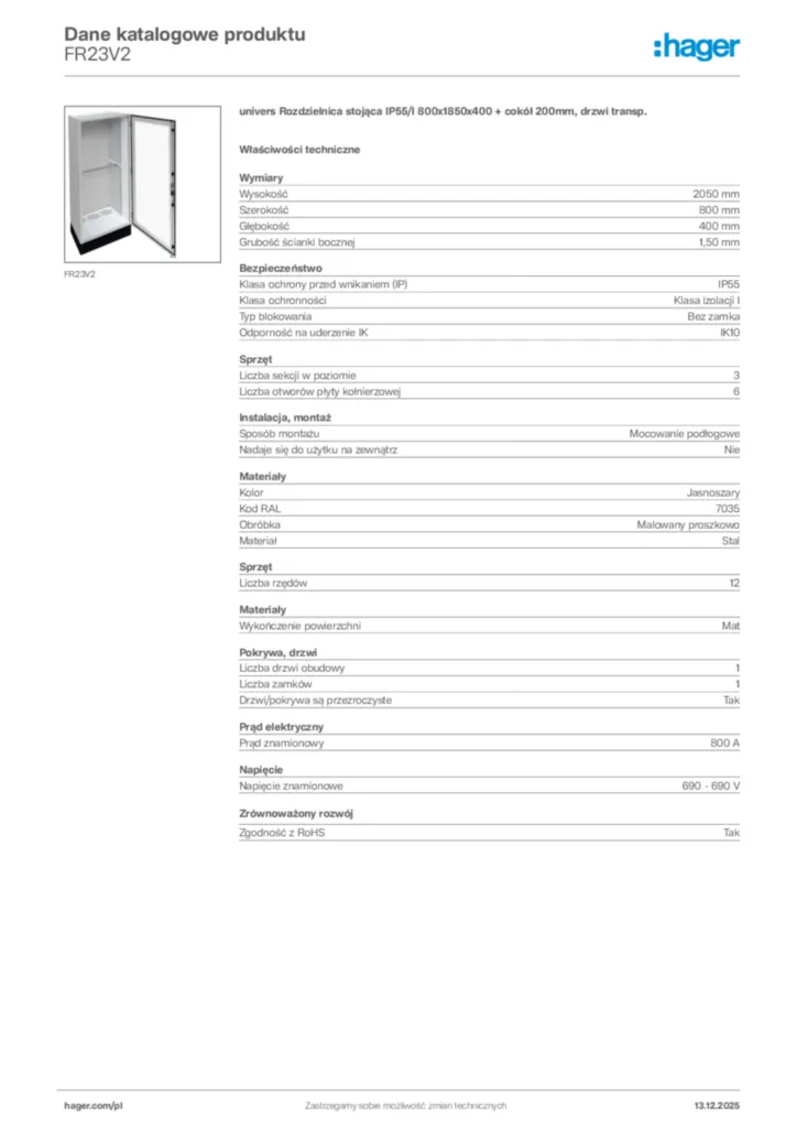 Zdjęcie Hager Karta katalogowa FR23V2 | Hager Polska