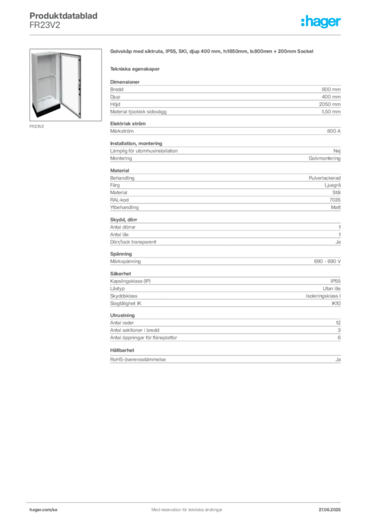 Bild Hager Produktdatablad FR23V2 | Hager Sverige