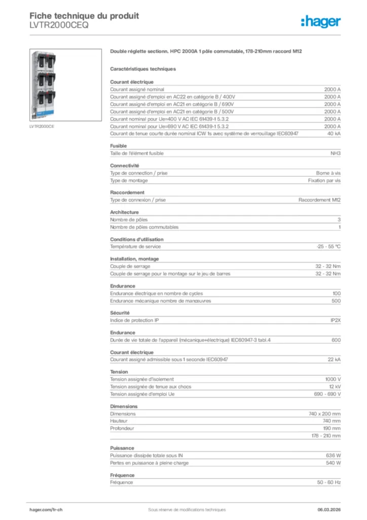Image Hager Fiche technique du produit LVTR2000CEQ | Hager Suisse