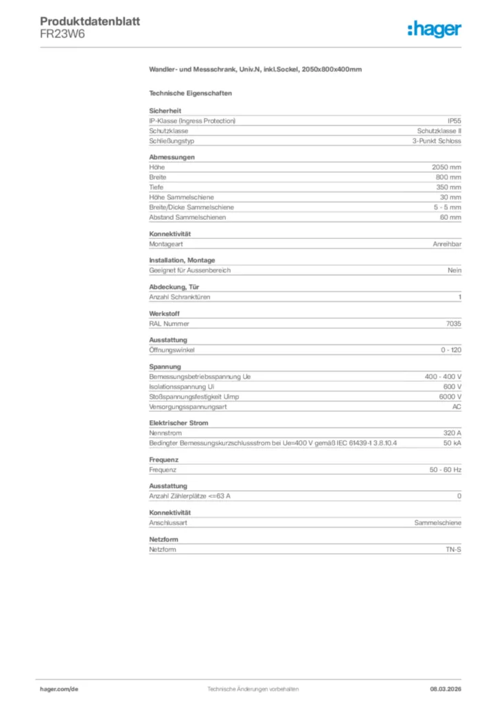 Bild Hager Produktdatenblatt FR23W6 | Hager Deutschland