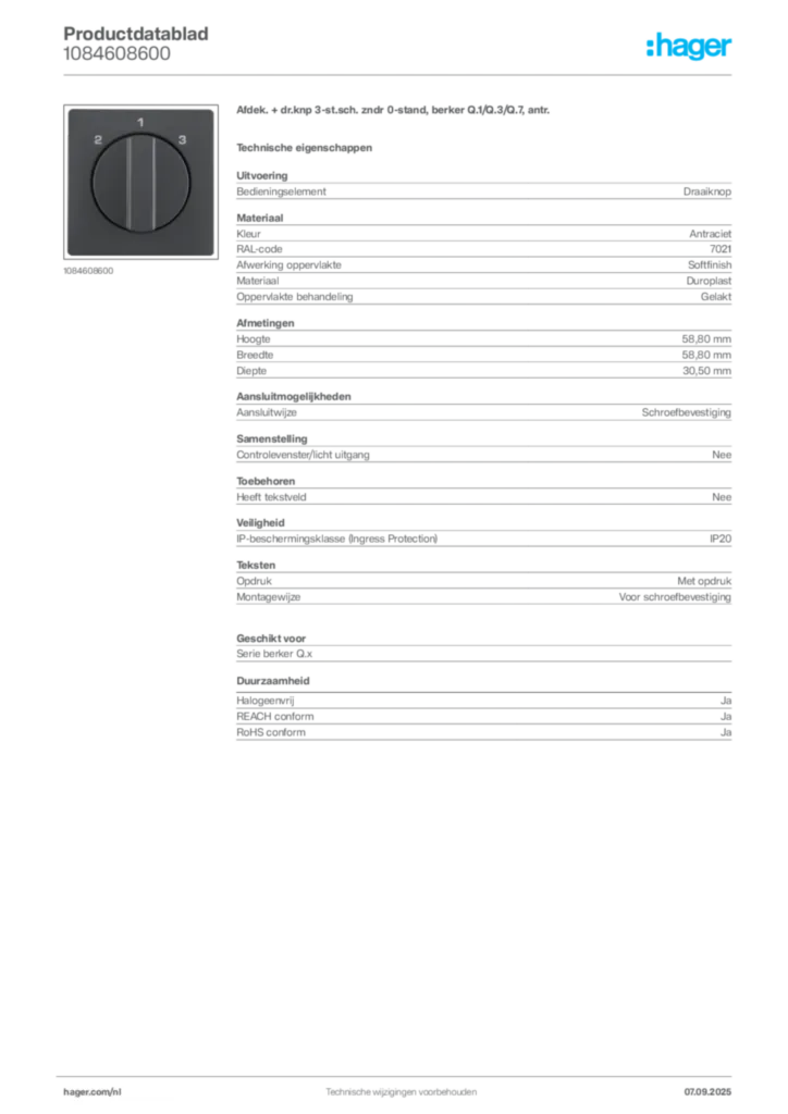 Afbeelding Hager Productdatablad 1084608600 | Hager Nederland