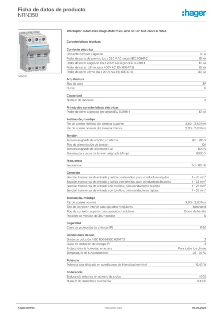 Imagen Hager Ficha de datos de producto NRN350 | Hager España