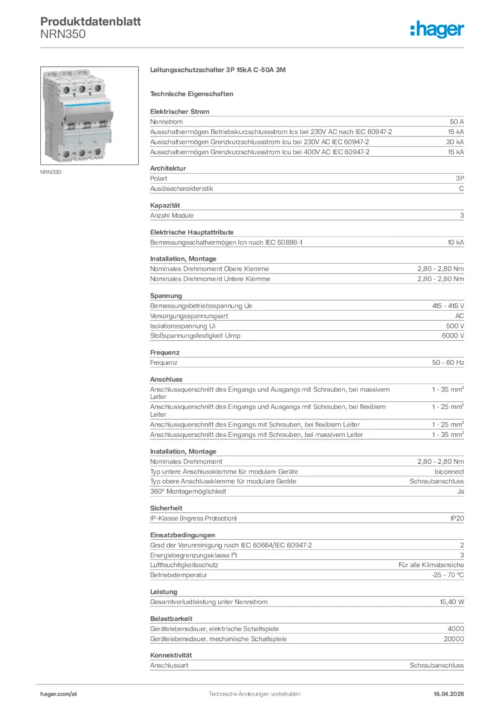 Bild Hager Produktdatenblatt NRN350 | Hager Deutschland