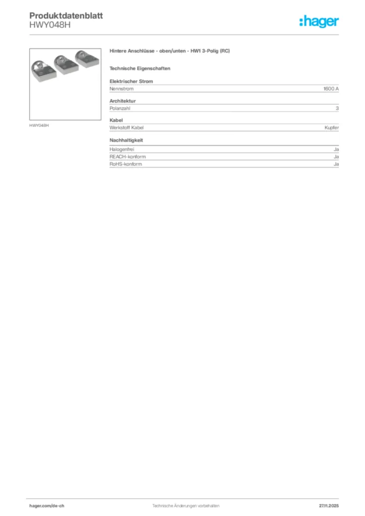 Bild Hager Produktdatenblatt HWY048H | Hager Schweiz
