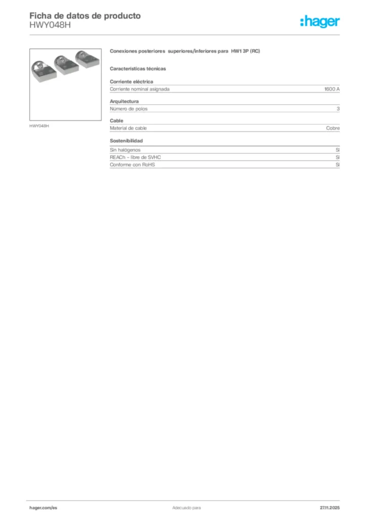 Imagen Hager Ficha de datos de producto HWY048H | Hager España