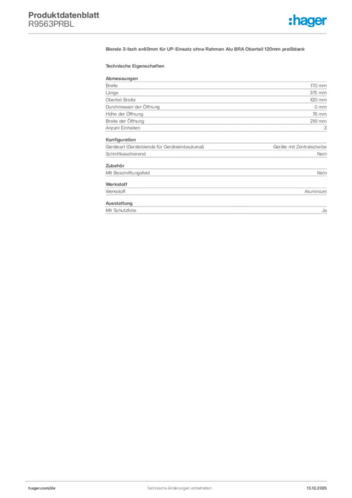 Bild Hager Produktdatenblatt R9563PRBL | Hager Deutschland