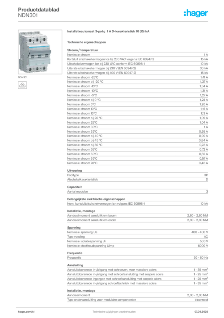 Afbeelding Hager Productdatablad NDN301 | Hager Nederland
