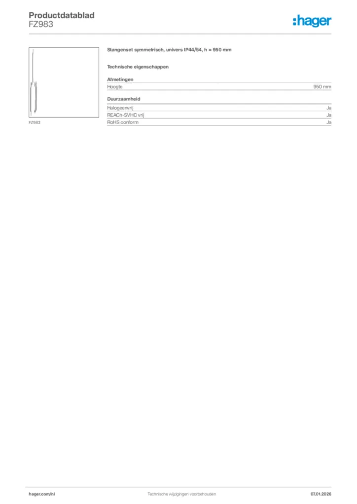 Afbeelding Hager Productdatablad FZ983 | Hager Nederland