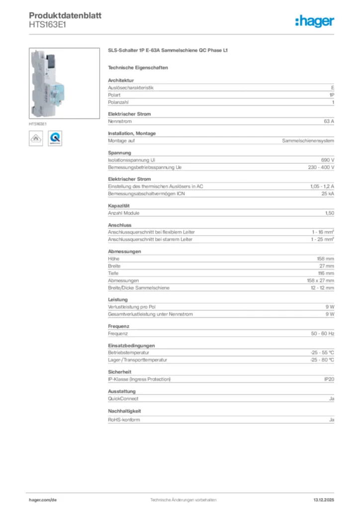 Bild Hager Produktdatenblatt HTS163E1 | Hager Deutschland