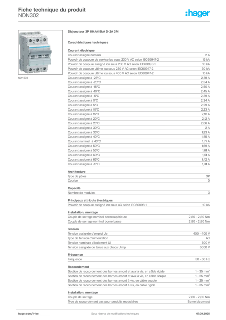 Image Hager Fiche technique du produit NDN302 | Hager Belgique
