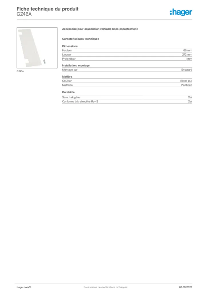 Image Hager Fiche technique du produit GZ46A | Hager France