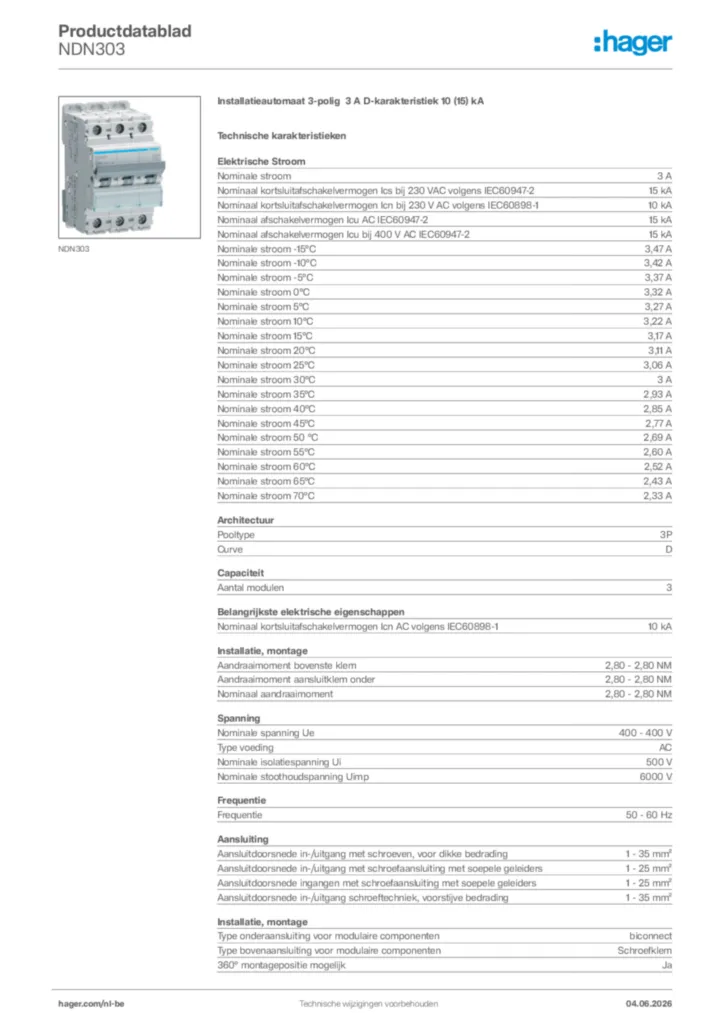 Afbeelding Hager Productdatablad NDN303 | Hager Belgium