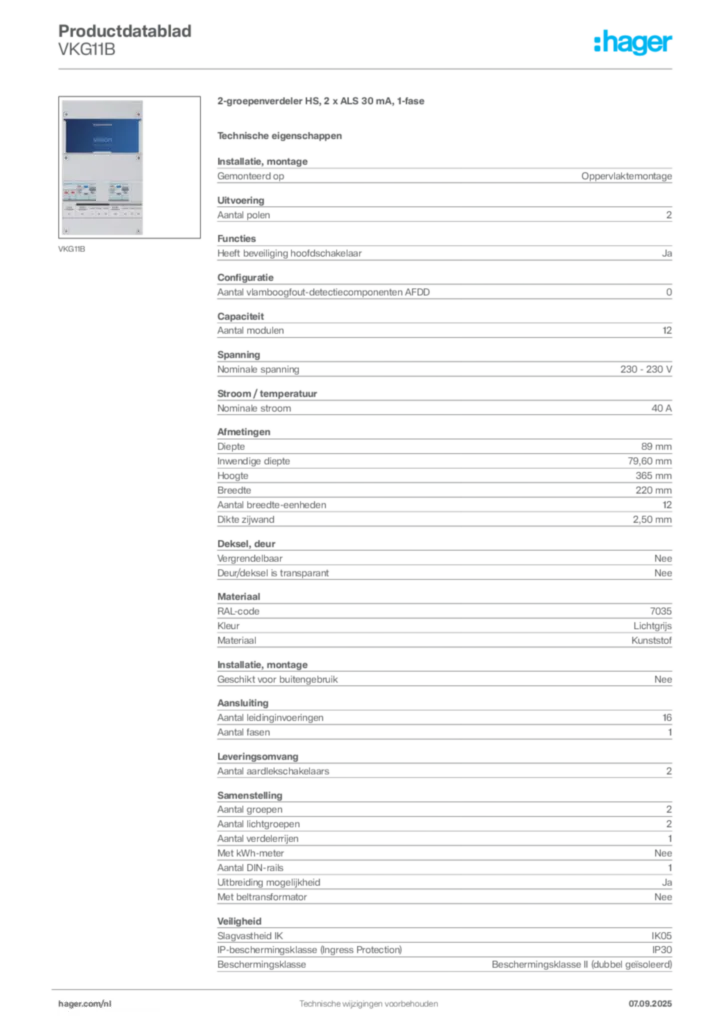 Afbeelding Hager Productdatablad VKG11B | Hager Nederland