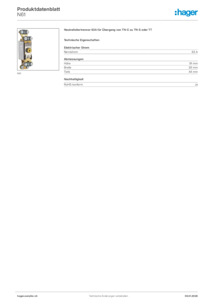 Bild Hager Produktdatenblatt N61 | Hager Schweiz