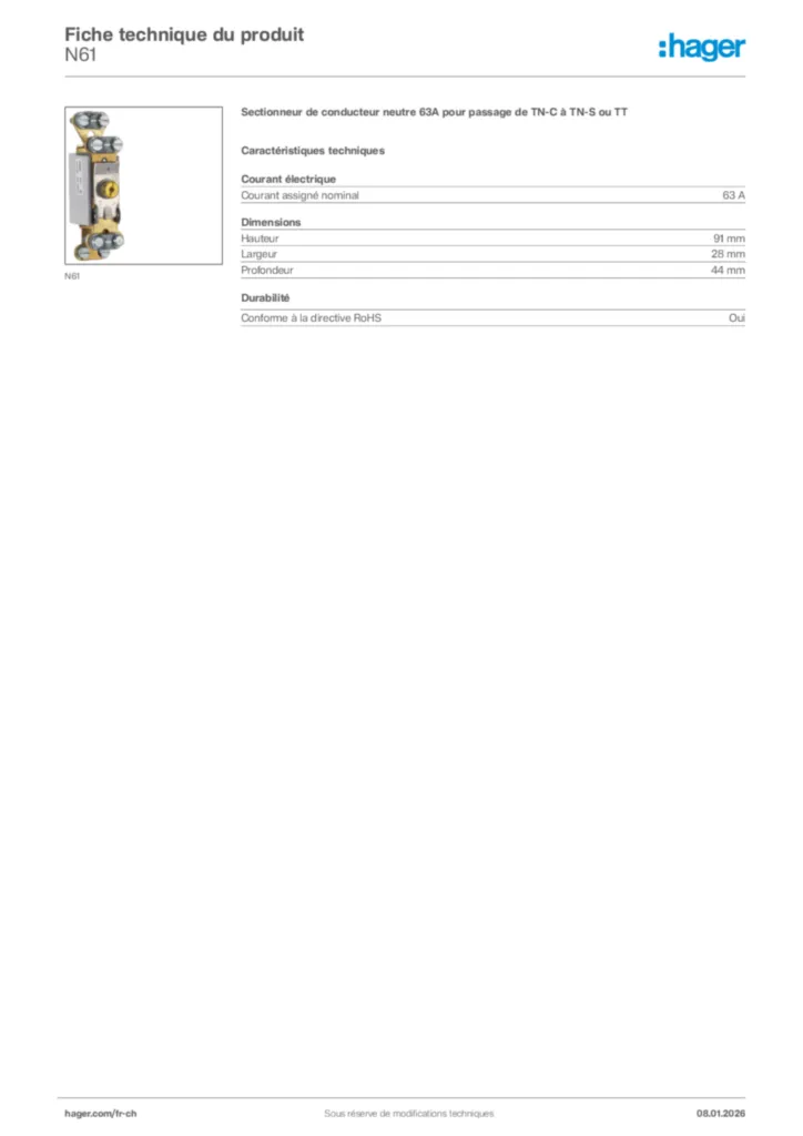 Image Hager Fiche technique du produit N61 | Hager Suisse