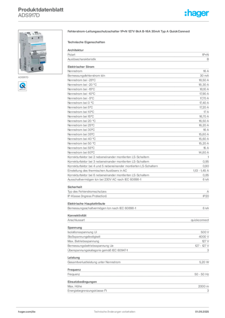 Hager Produktdatenblatt ADS917D
