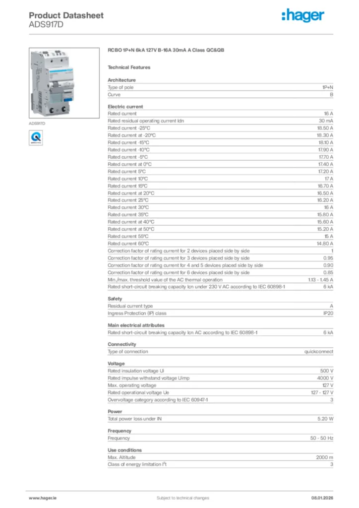 Image Hager Product data sheet ADS917D  | Hager