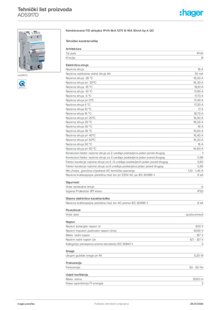 Slika Hager Product data sheet ADS917D  | Hager