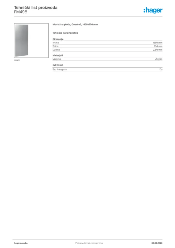 Slika Hager Tehnički list proizvoda FM498  | Hager
