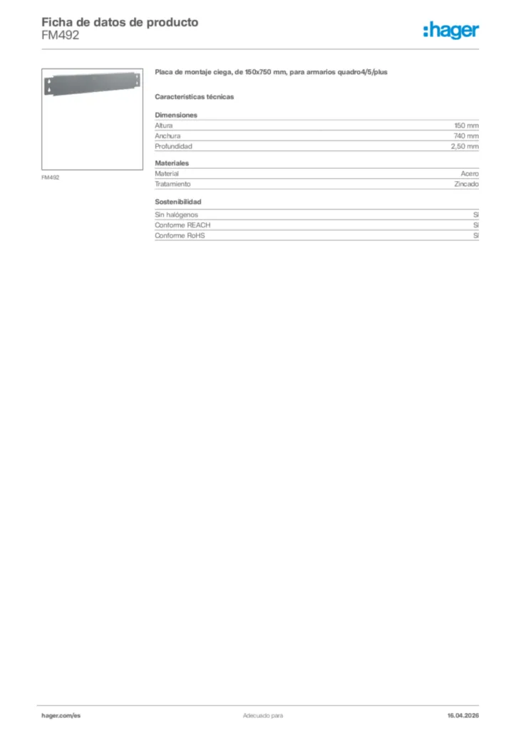 Imagen Hager Ficha de datos de producto FM492 | Hager España