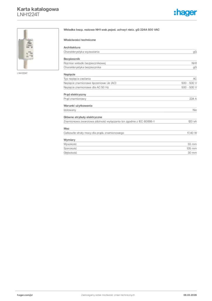 Zdjęcie Hager Karta katalogowa LNH1224T | Hager Polska