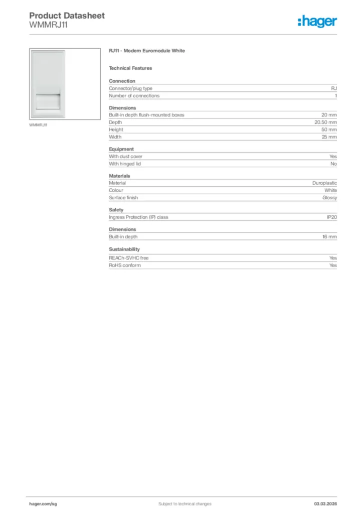 Image Hager Product data sheet WMMRJ11  | Hager