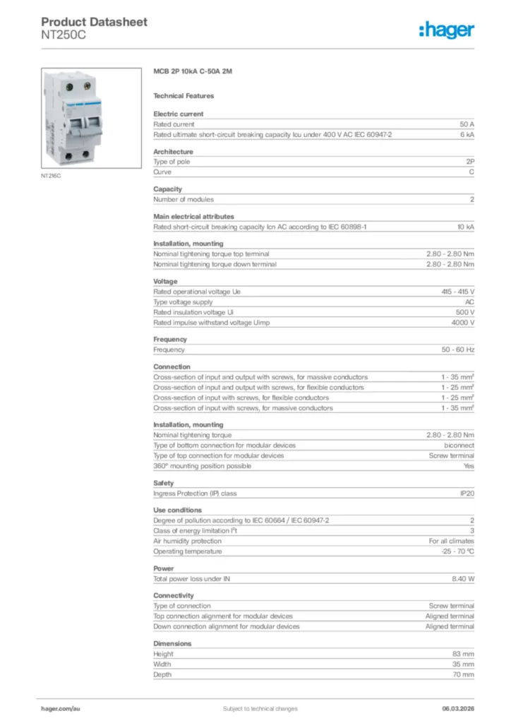 Image Hager Product data sheet NT250C  | Hager Australia