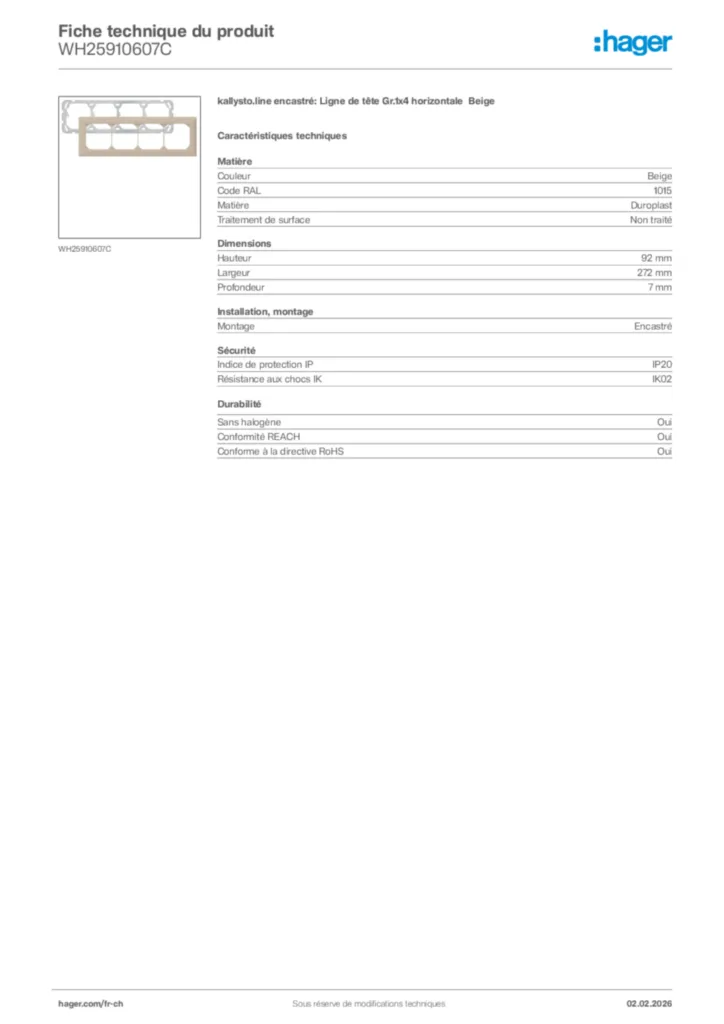 Image Hager Fiche technique du produit WH25910607C | Hager Suisse