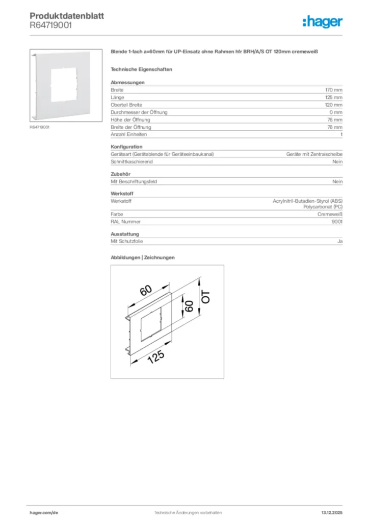 Bild Hager Produktdatenblatt R64719001 | Hager Deutschland