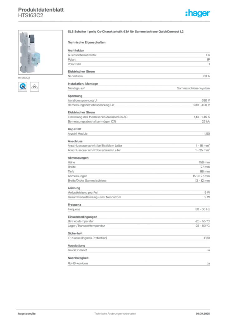 Bild Hager Produktdatenblatt HTS163C2 | Hager Deutschland
