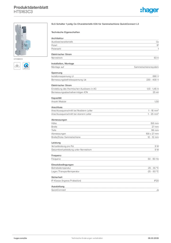 Bild Hager Produktdatenblatt HTS163C3 | Hager Deutschland