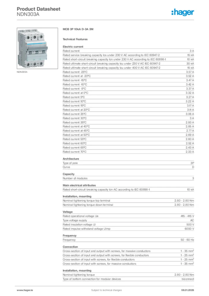 Image Hager Product data sheet NDN303A  | Hager