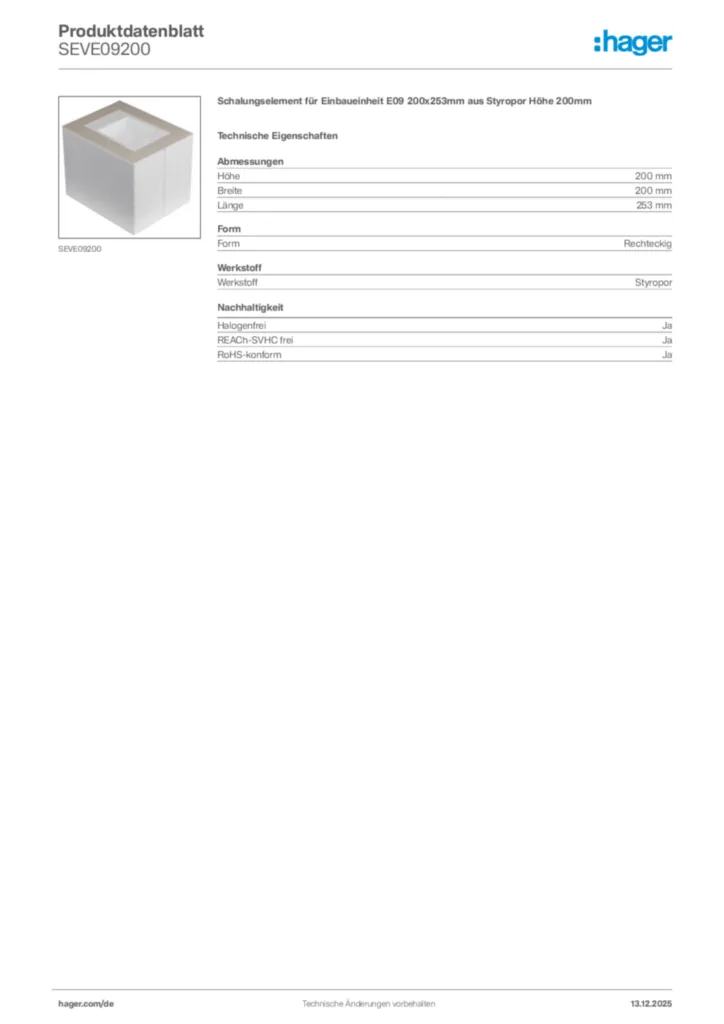 Bild Hager Produktdatenblatt SEVE09200 | Hager Deutschland