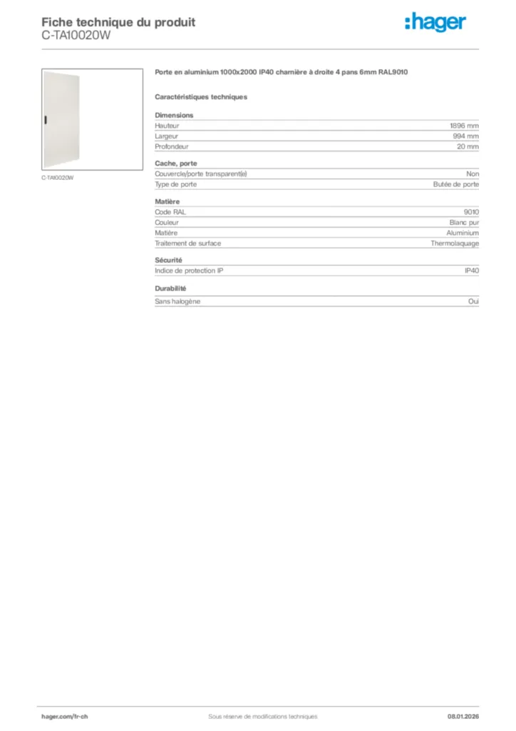 Image Hager Fiche technique du produit C-TA10020W | Hager Suisse